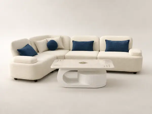 Cream boucle sofa with navy accent cushions, front view