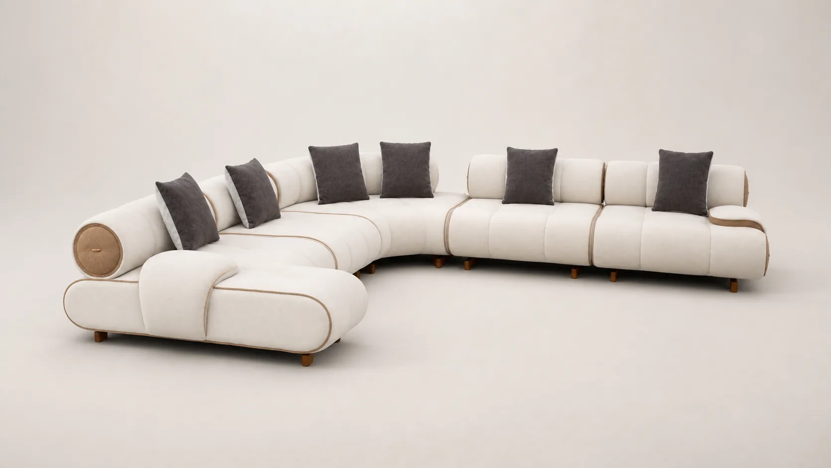 Off-white L-shaped sofa with tubular bolster backrests and tan leather trim.