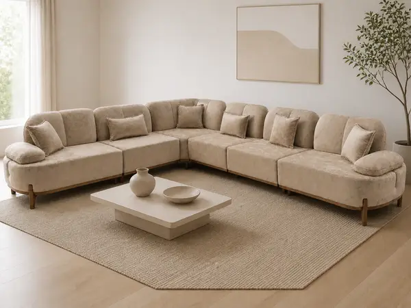 Tan U-shaped sectional styled in a living room setting
