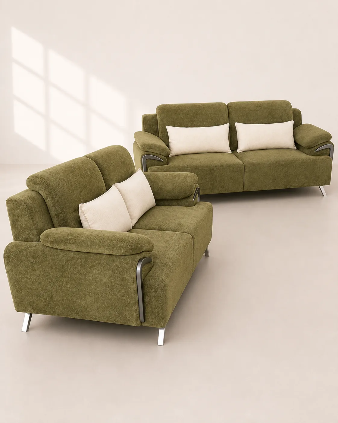 Olive green textured sofa pair in a styled living room