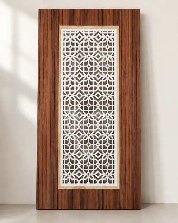 Reddish Wood Jali Door with Geometric Lattice | Modi Interiors Jaipur — image 1