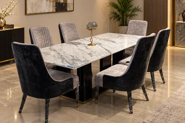 Grey Marble Dining Table with Channel Chairs — image 2