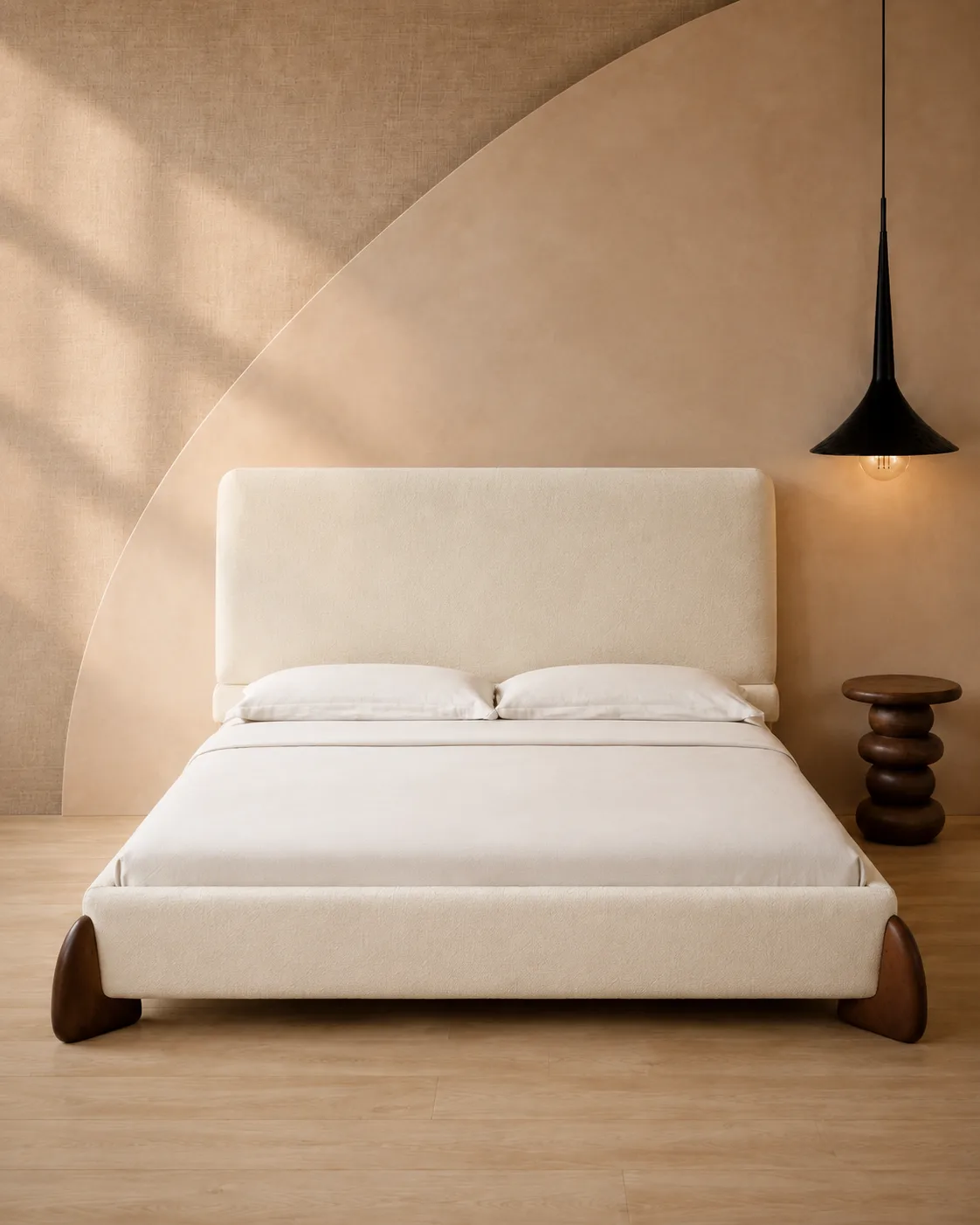 Cream Upholstered Bed with Sculpted Walnut-Tone Feet