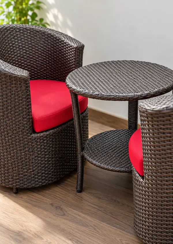 Balcony Wicker Chair Set with Red Cushions — image 3