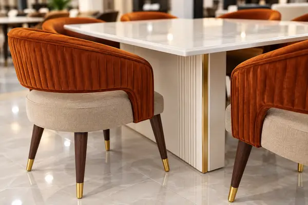 White Dining Table with Rust Velvet Chairs — image 3
