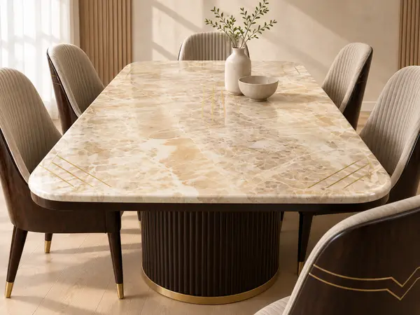 Beige Marble Dining Table with Walnut Chairs — image 3