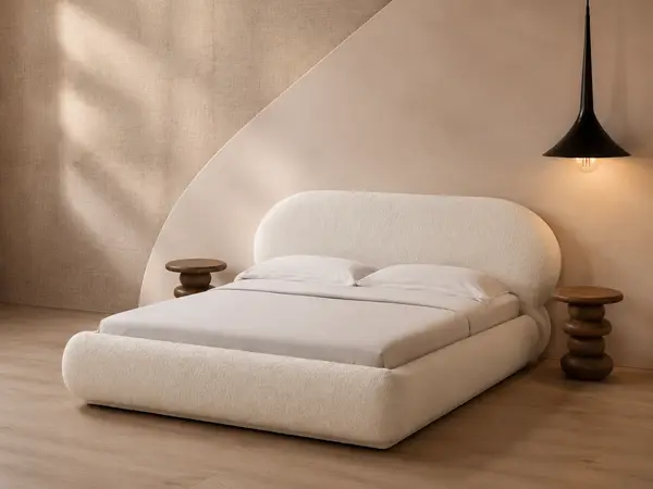 Ivory Boucle Bed with Oval Headboard — angled view