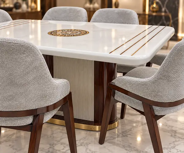 White Dining Table with Buddha Feature Wall — image 3