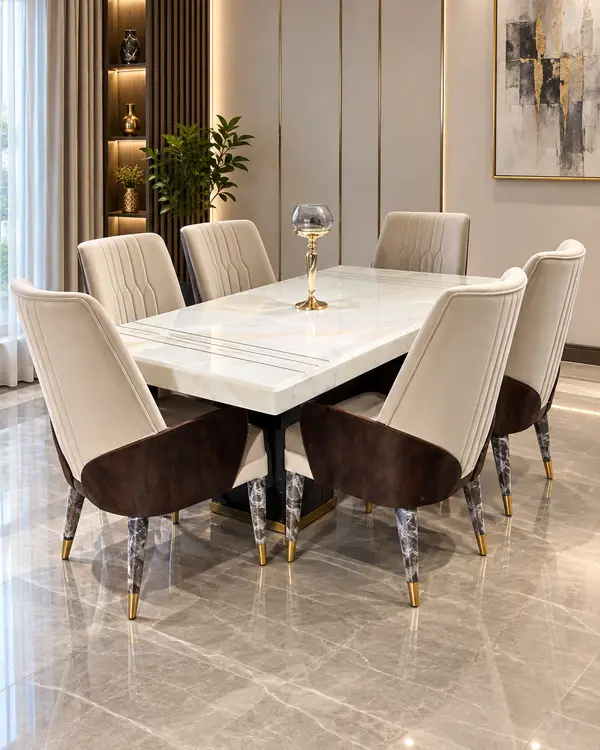 Cream Dining Table with Walnut Back Chairs — image 1
