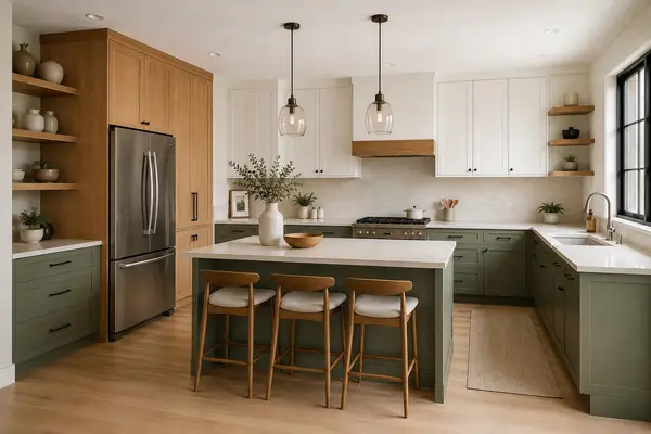 Three-quarter view of customized kitchen and island seating