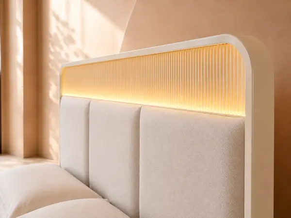Cream Upholstered Bed with LED Headboard — headboard detail