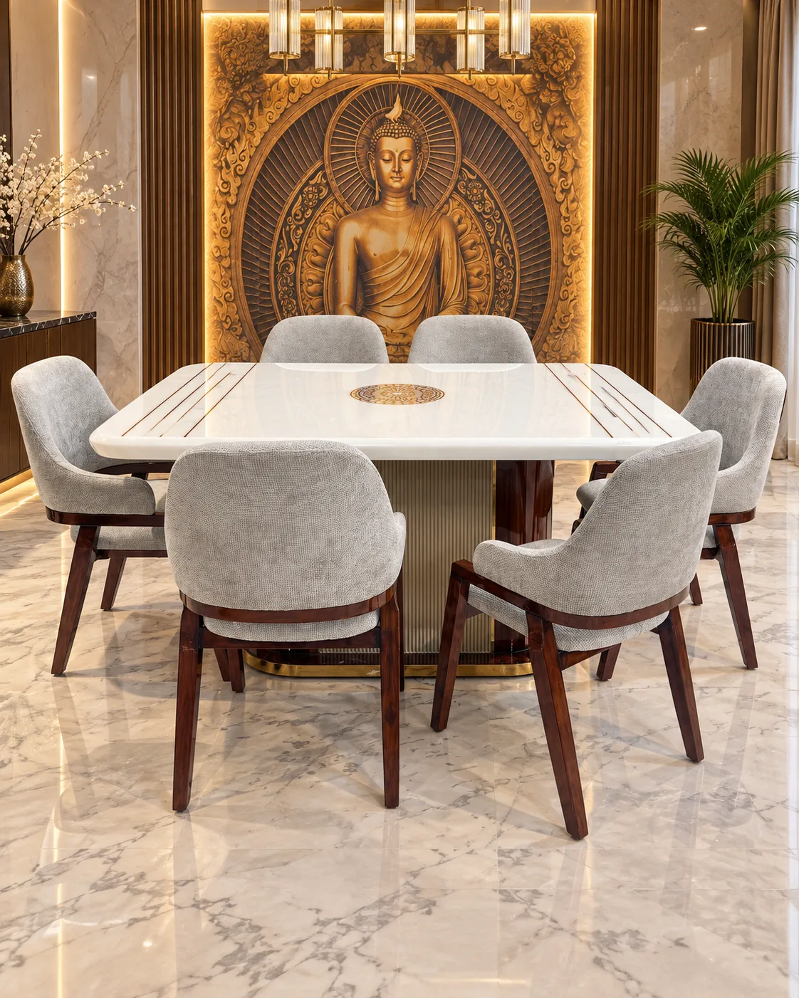 White Dining Table with Buddha Feature Wall