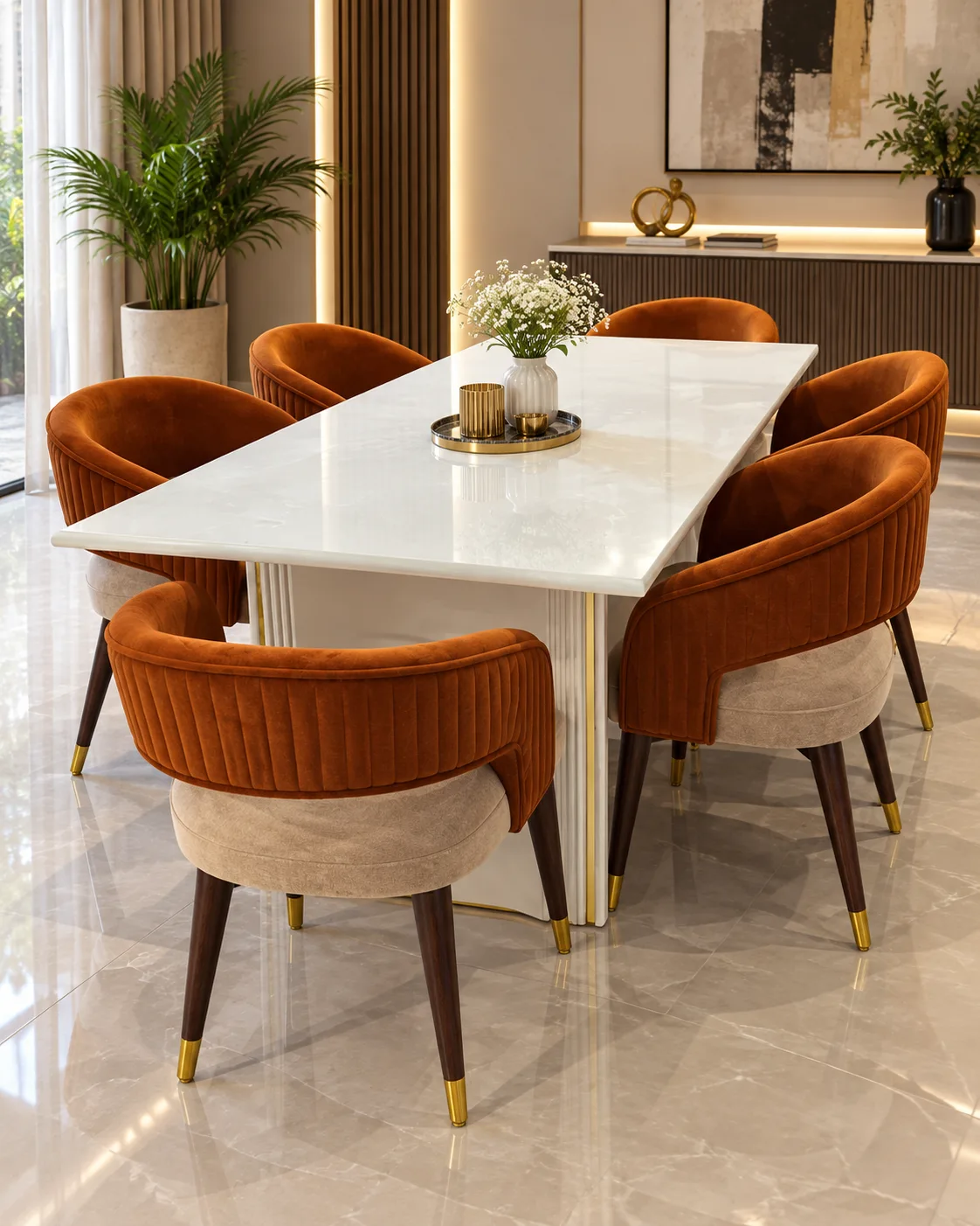 White Dining Table with Rust Velvet Chairs