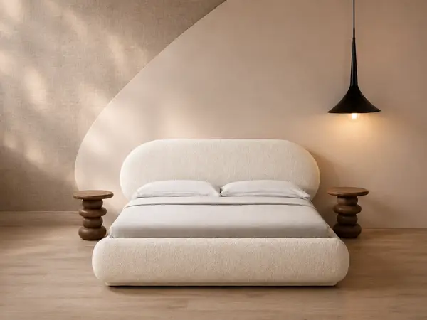 Ivory Boucle Bed with Oval Headboard — bedroom setting