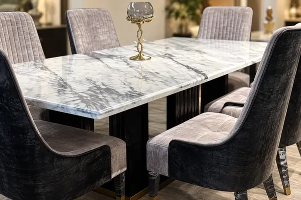 Grey Marble Dining Table with Channel Chairs — image 3