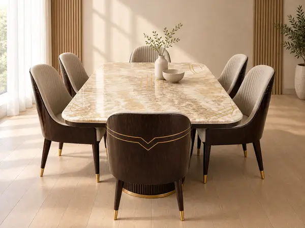 Beige Marble Dining Table with Walnut Chairs — image 2