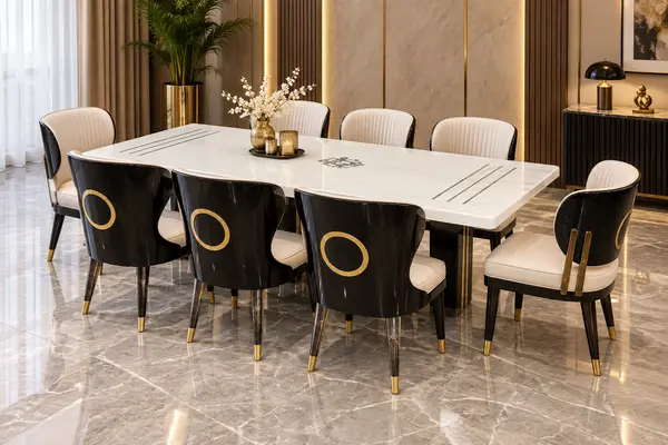 Luxury White Dining Table with Gold Ring Chairs — image 2