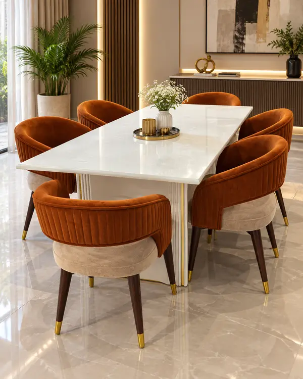 White Dining Table with Rust Velvet Chairs — image 1