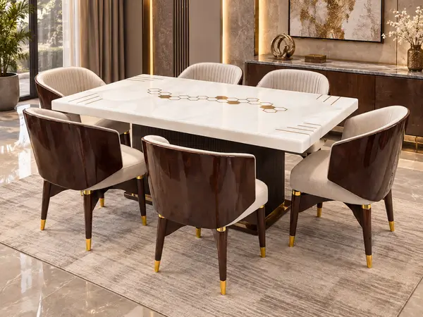 White Marble Dining Table with Walnut Shell Chairs — image 2