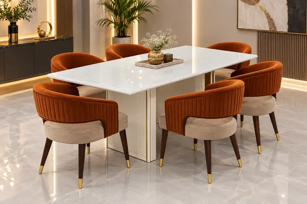 White Dining Table with Rust Velvet Chairs — image 2