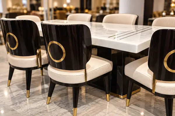 Luxury White Dining Table with Gold Ring Chairs — image 3