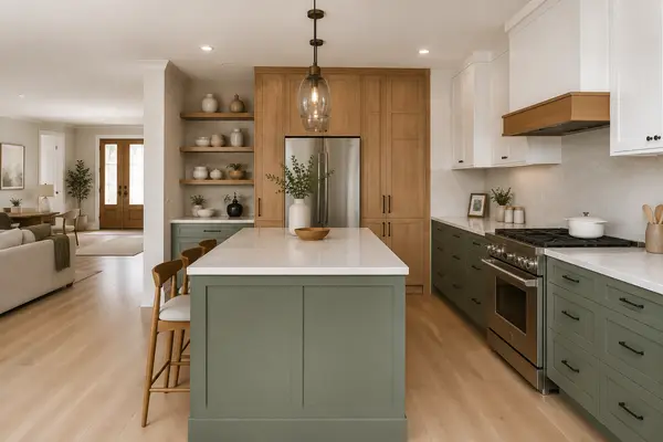 Reverse view of kitchen island and surrounding storage