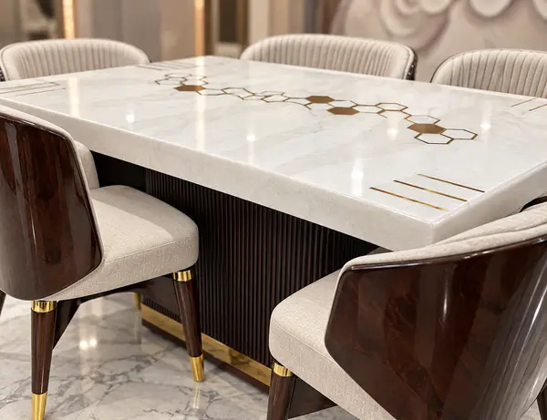 White Marble Dining Table with Walnut Shell Chairs — image 3