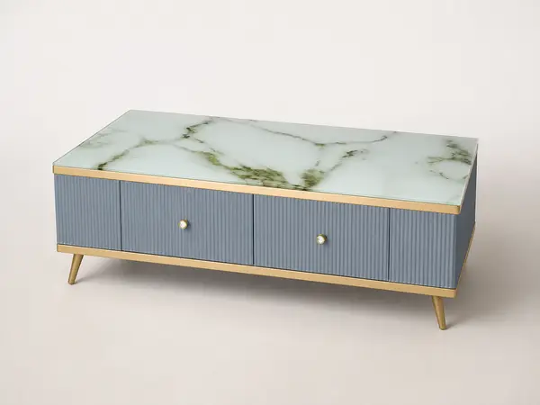 Blue-Grey Center Table with Marble Top & Gold Trim — image 2