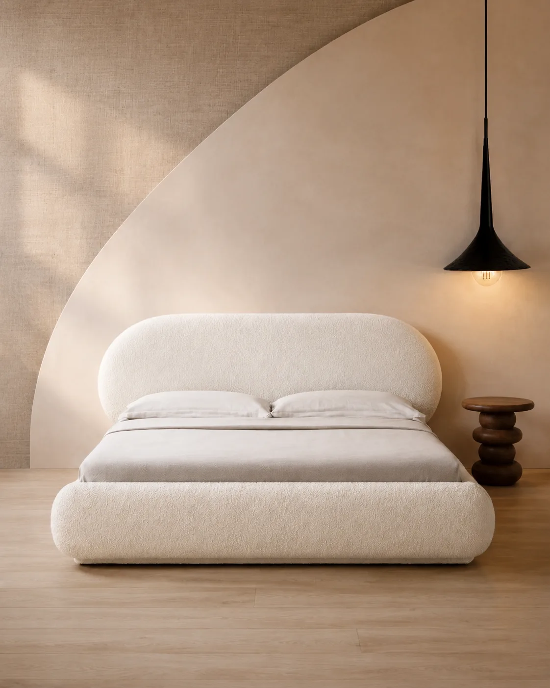 Ivory Boucle Bed with Oval Headboard