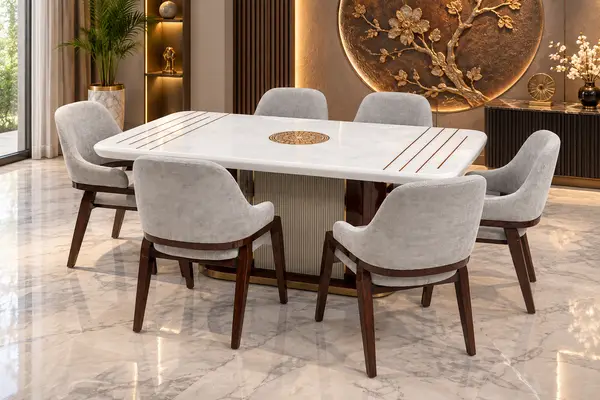 White Dining Table with Buddha Feature Wall — image 2
