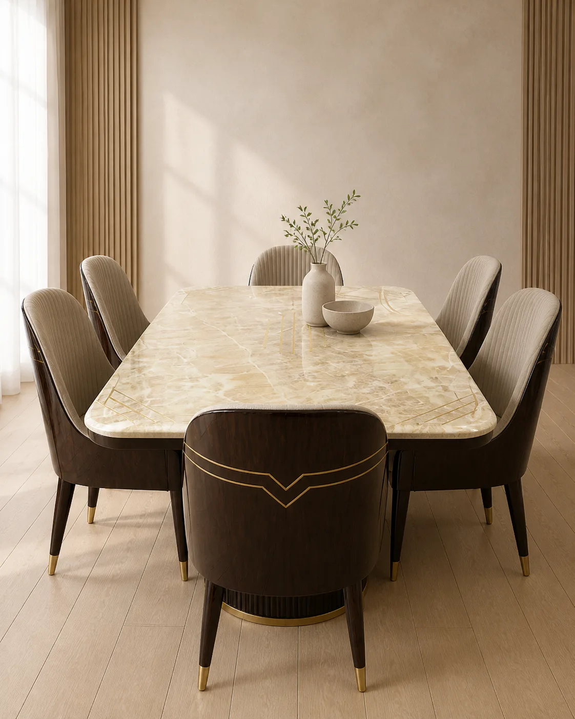 Beige Marble Dining Table with Walnut Chairs