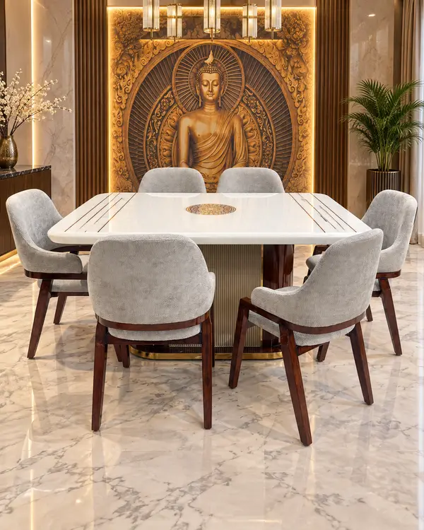 White Dining Table with Buddha Feature Wall — image 1