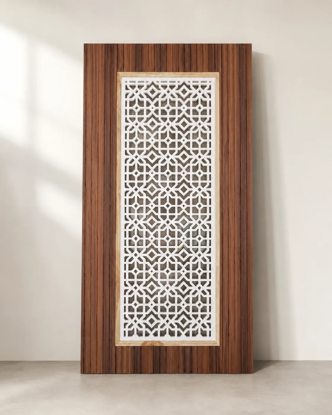 Reddish Wood Jali Door with Geometric Lattice by Modi Interiors Jaipur