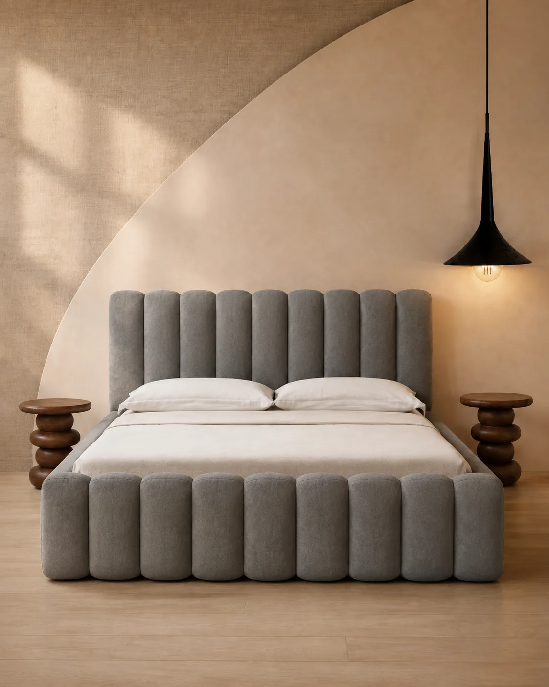 Grey Scalloped Channel Upholstered Bed