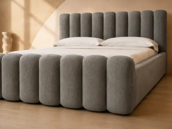 Grey Scalloped Channel Upholstered Bed — detail view 2