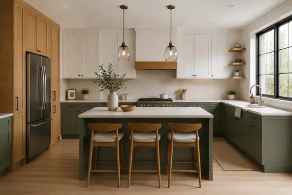 Front view of sage green and wood kitchen with central island
