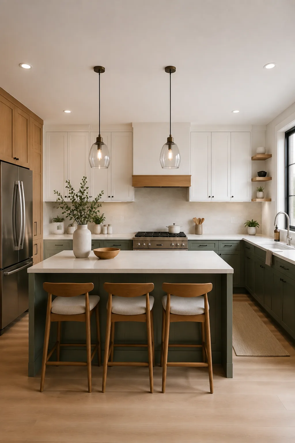 Sage green and wood customized kitchen with island seating, white wall cabinets and open shelves
