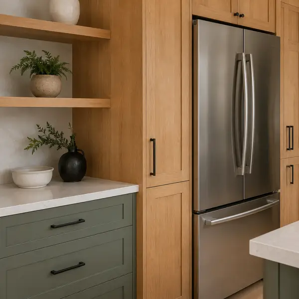 Sage green kitchen cabinet detail