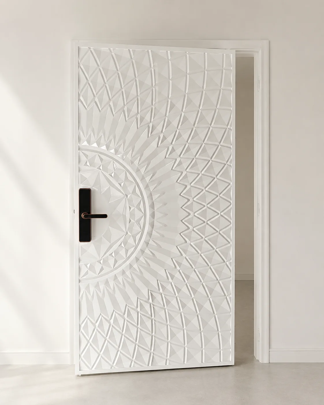 White Geometric Relief Door with Smart Lock by Modi Interiors Jaipur