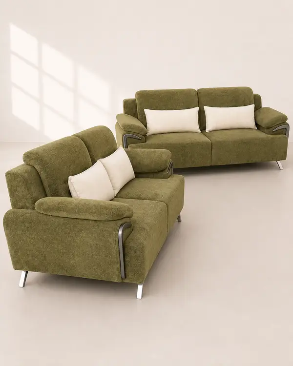 Olive Green Textured Sofa Pair — image 9