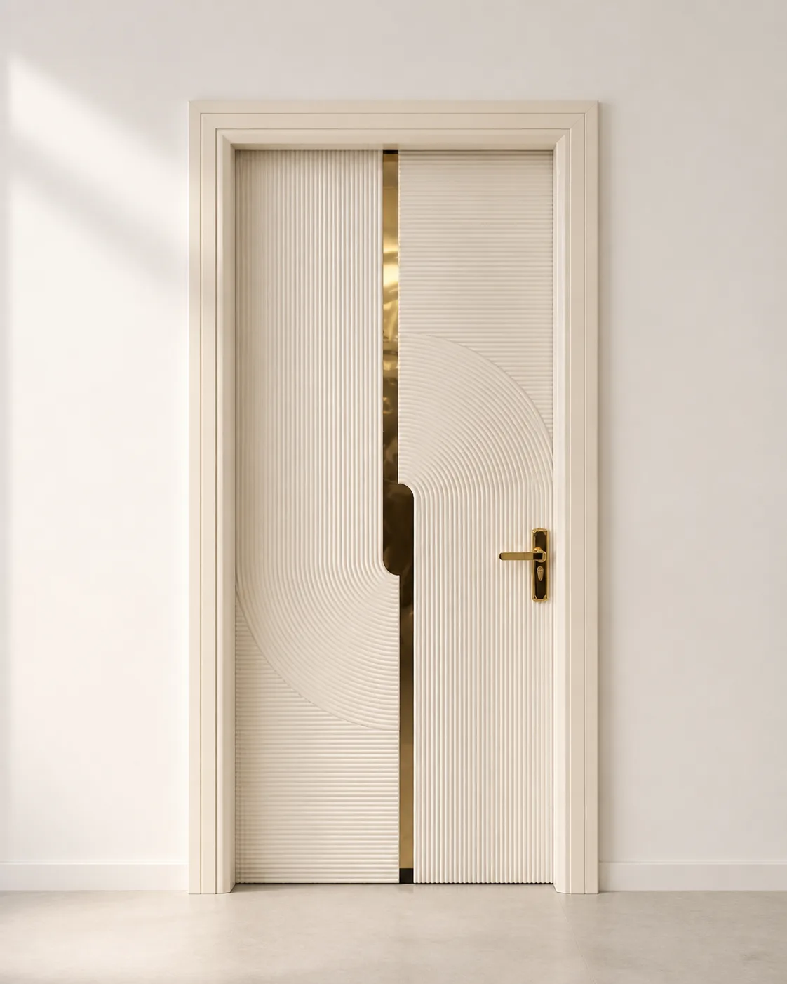 Ivory Curved Fluted Door with Gold Strip by Modi Interiors Jaipur