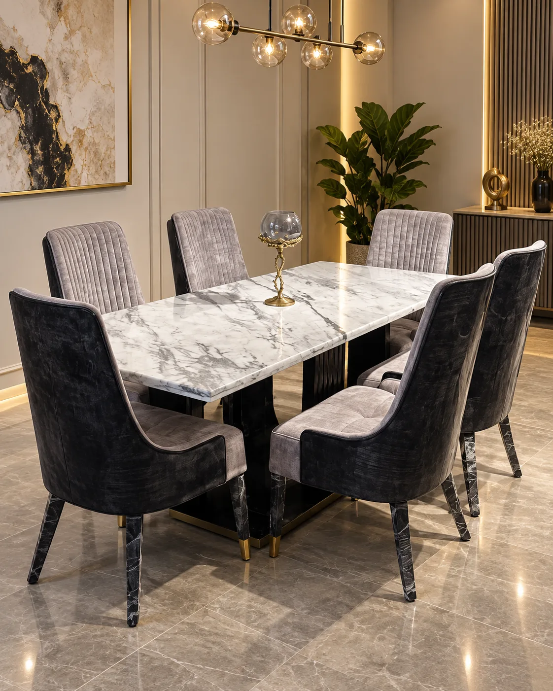Grey Marble Dining Table with Channel Chairs