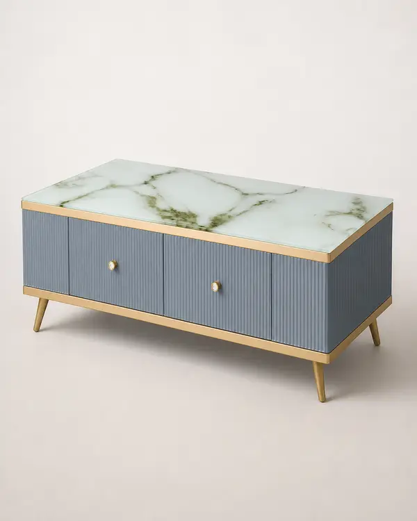 Blue-Grey Center Table with Marble Top & Gold Trim — image 1