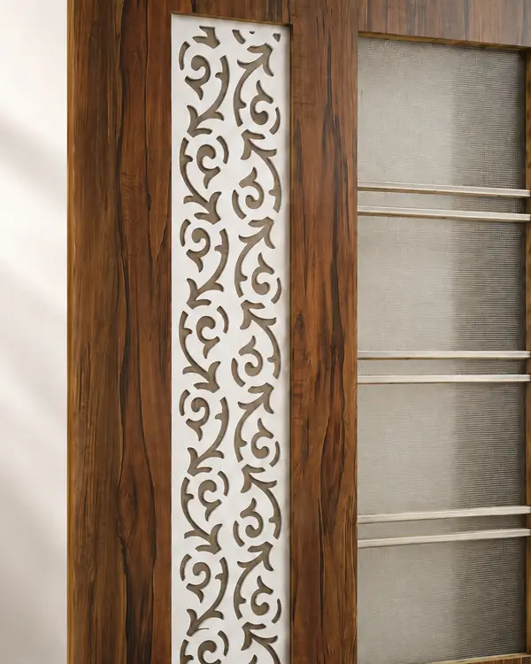 Warm Wood Jali Door with White Vine Panels | Modi Interiors Jaipur — image 2