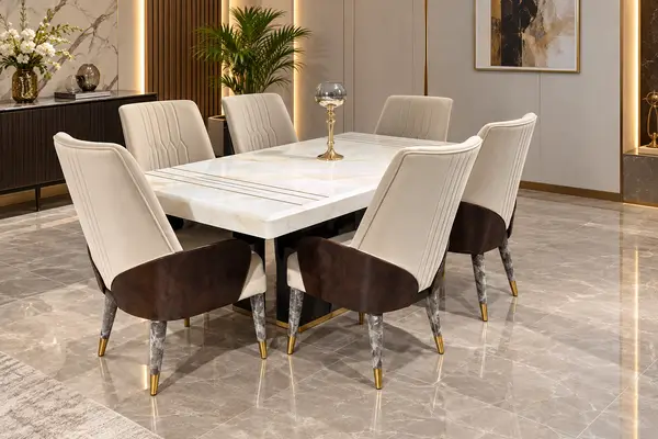 Cream Dining Table with Walnut Back Chairs — image 2