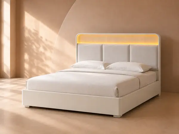 Cream Upholstered Bed with LED Headboard — angled view