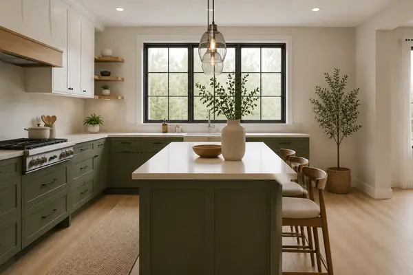 Side view of kitchen cabinetry and worktop