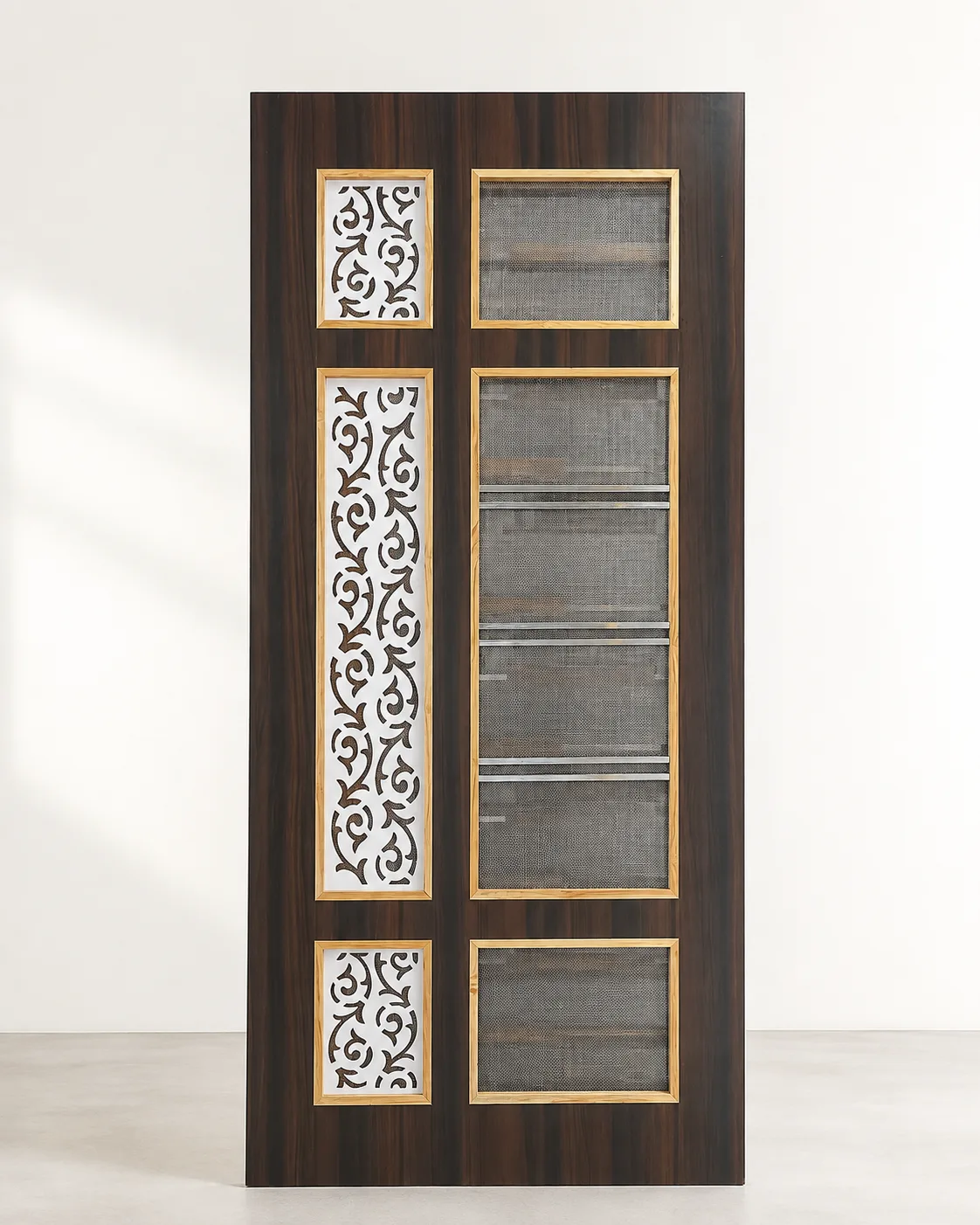 Dark Wood Jali Door with Gold Borders by Modi Interiors Jaipur