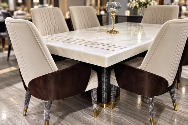 Cream Dining Table with Walnut Back Chairs — image 3
