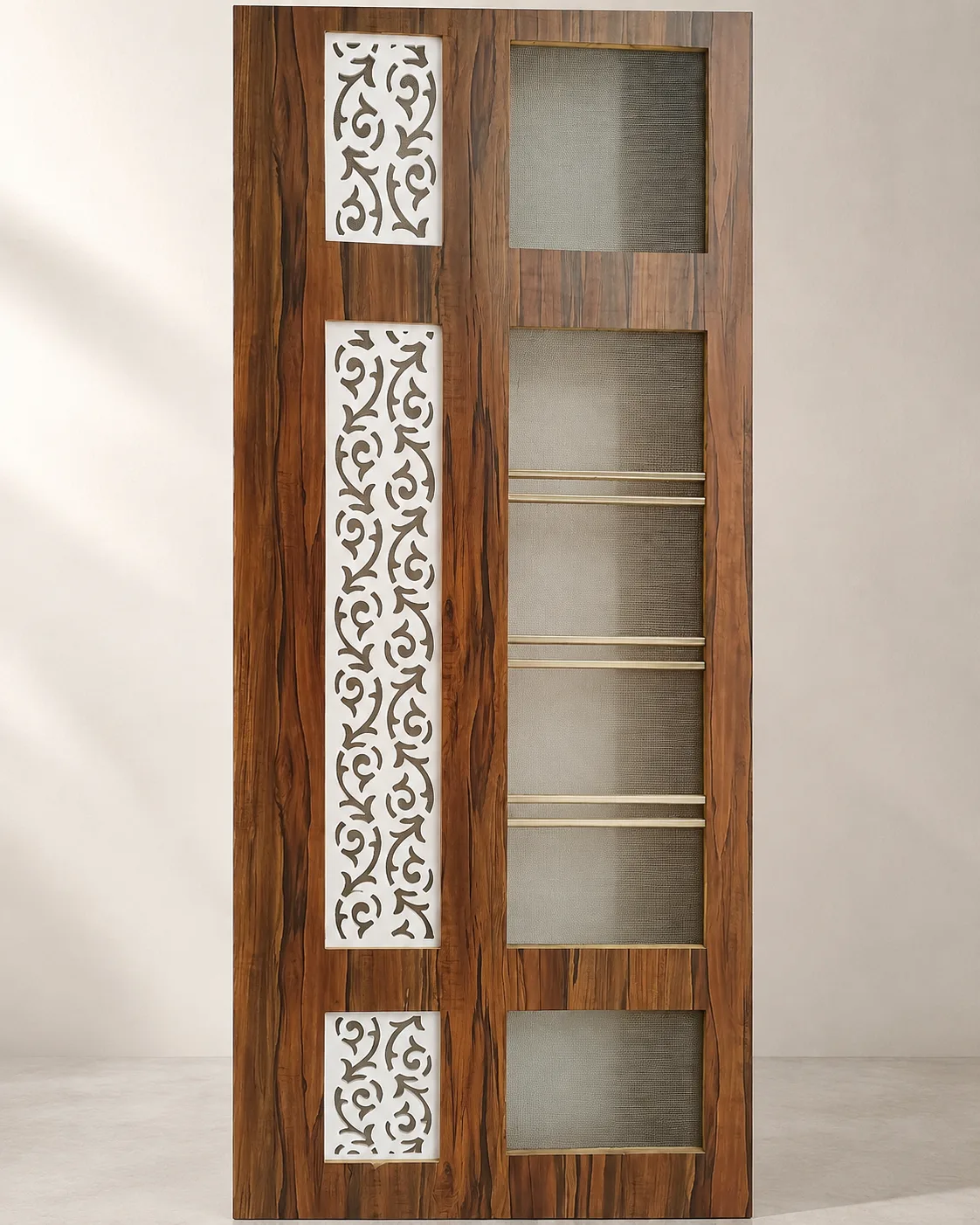 Warm Wood Jali Door with White Vine Panels by Modi Interiors Jaipur
